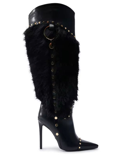 Women Black Fur Patchwork Rivet High Heel Knee High Boots