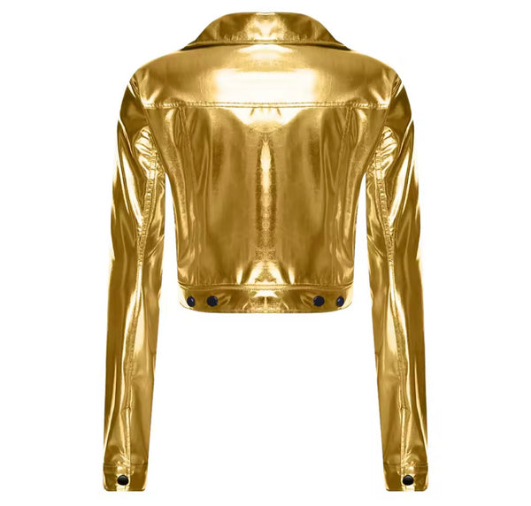 Women Fashion Color Zip Up Metallic PU Jacket