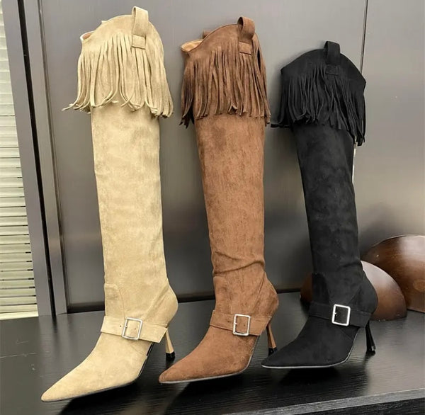 Women Fashion Suede Tassel Buckled Knee High Boots