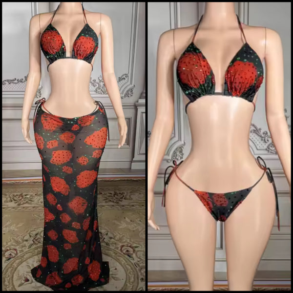 Women Sexy Rhinestone Floral Bikini Cover Up Set