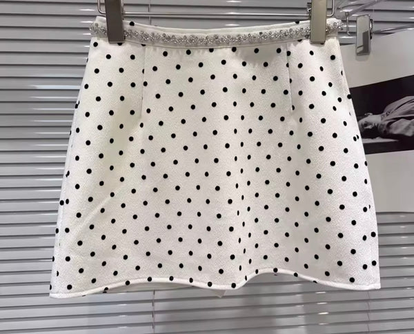 Women Sexy Rhinestone Halter Sleeveless Polka Dot Two Piece Skirt Set