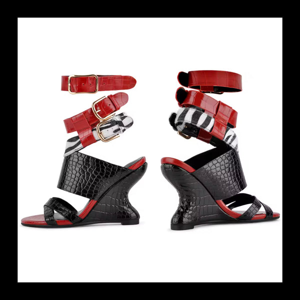Women Fashion Color Patchwork Wedge Ankle Strap Sandals
