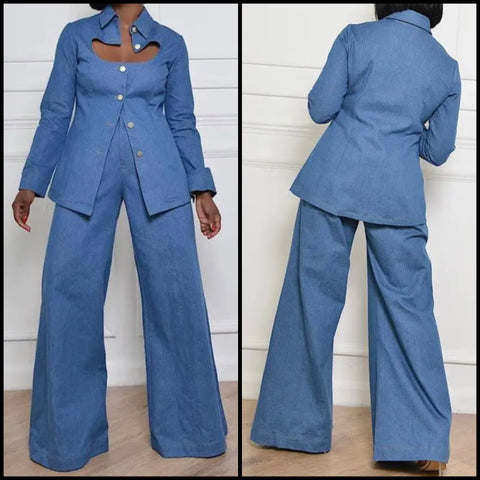 Women Fashion Button Up Full Sleeve Denim Two Piece Pant Set