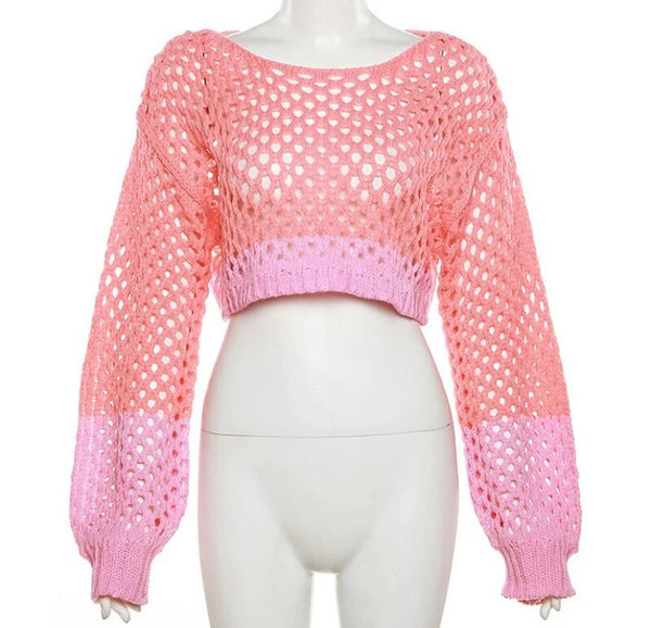 Women Knitted Color Patchwork Full Sleeve Fashion Crop Top