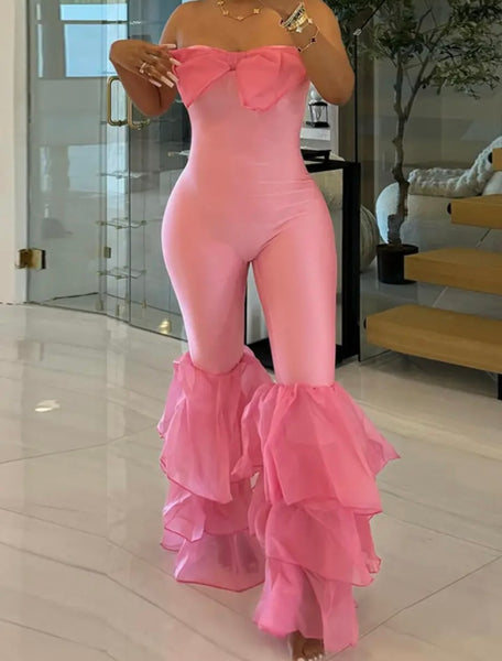 Women Sexy Bow Strapless Ruffled Jumpsuit