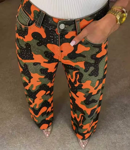 Women Fashion Color Camouflage Bling Denim Pants