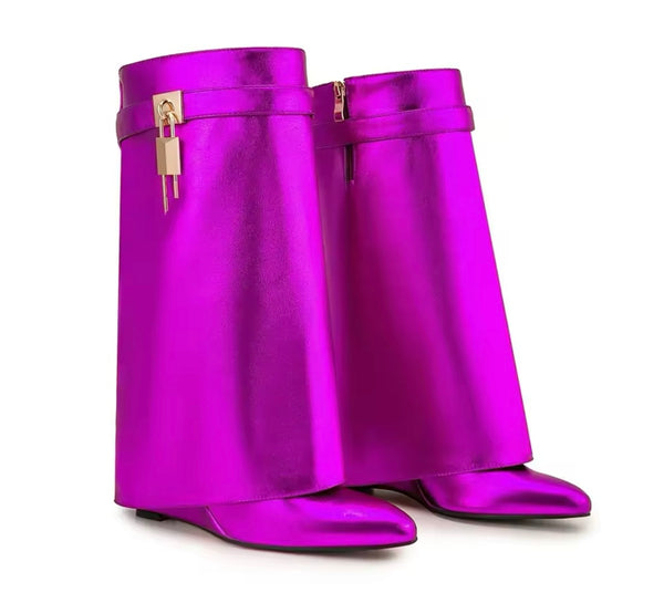 Women Fashion Color Metallic Buckled Lock Wedge Boots