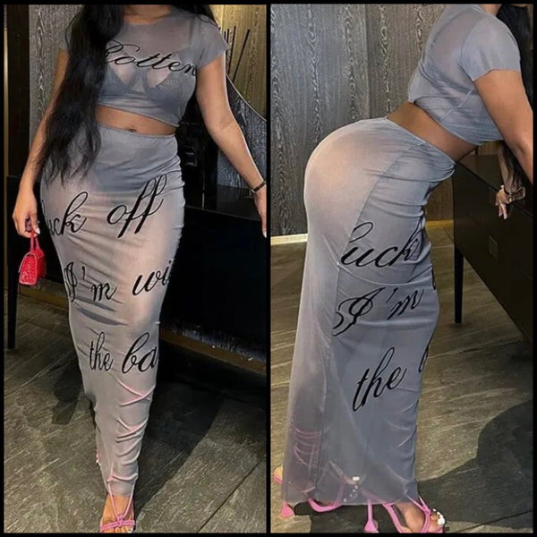 Women Sexy Letter Print Short Sleeve Mesh Two Piece Maxi Skirt Set