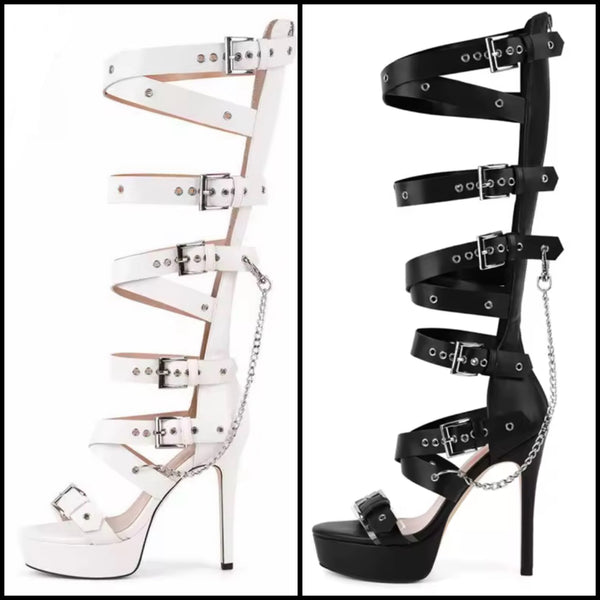 Women Fashion Buckled Chain Platform Knee High Sandals