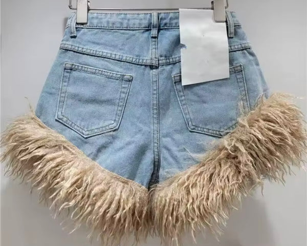 Women Fashion Fur Patchwork Denim Shorts