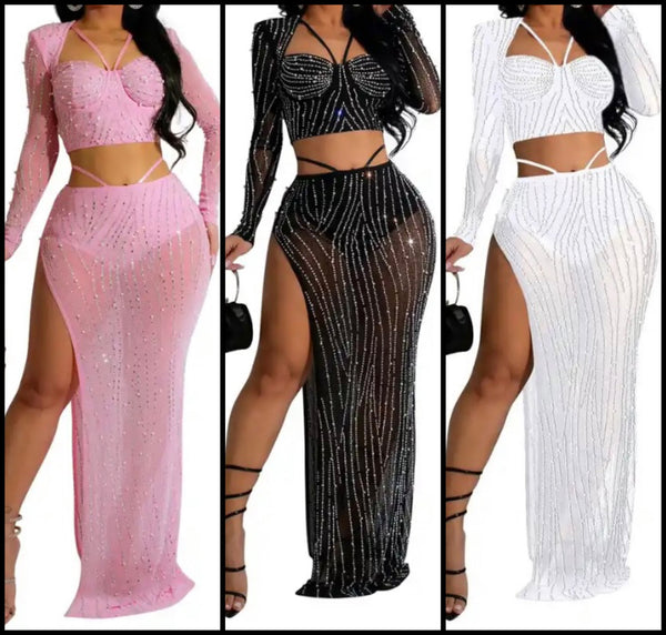 Women Sexy Full Sleeve Bling Mesh Two Piece Maxi Skirt Set