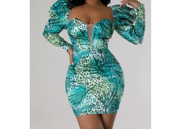 Women Sexy Multicolored Print Full Sleeve Dress