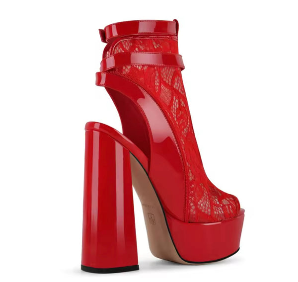 Women Open Toe Lace Patent Leather Platform High Heel Ankle Boots