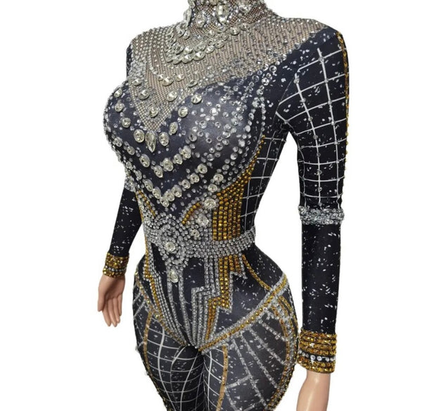 Women Fashion Bling Rhinestone Patchwork Full Sleeve Jumpsuit