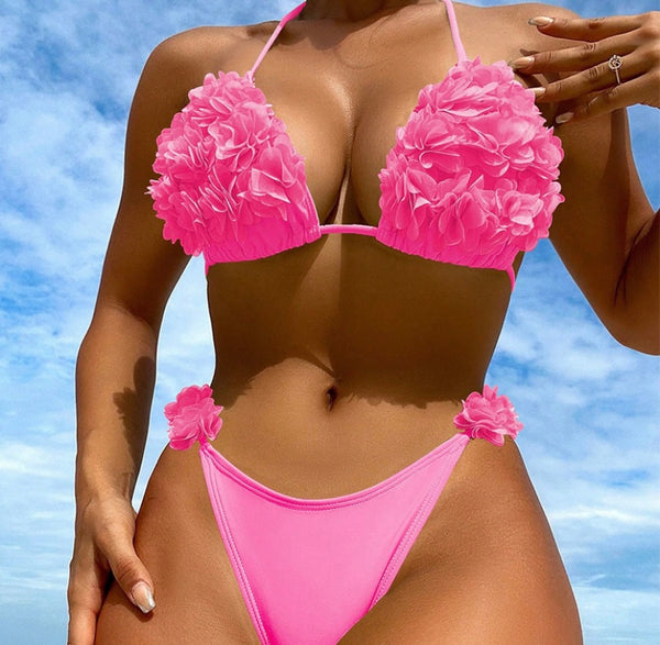 Women Sexy Ruffled Halter Solid Color Bikini Swimsuit