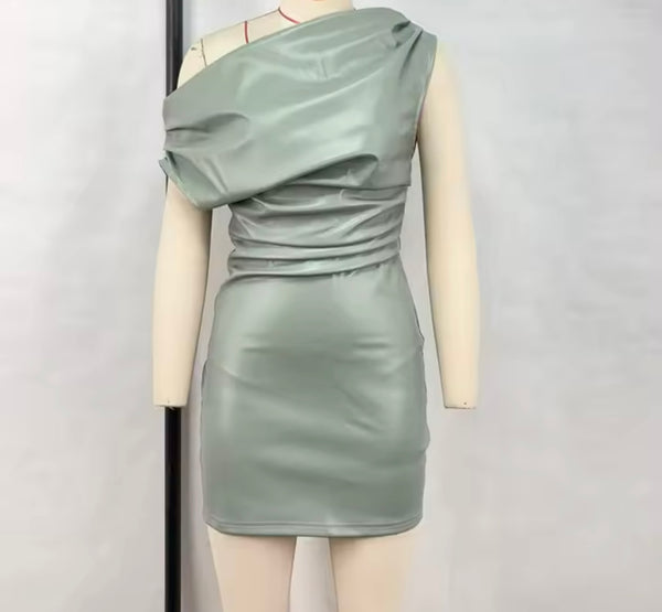 Women Sexy PU Ruched Short Sleeve Dress