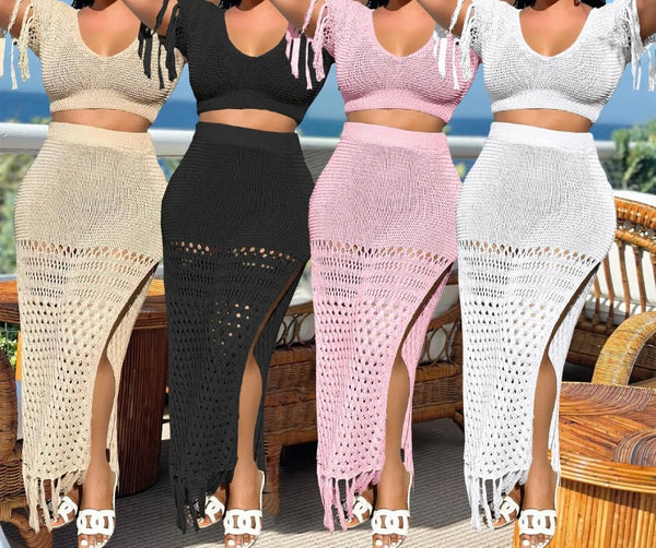 Women Sexy Short Sleeve Knitted Solid Color Two Piece Maxi Skirt Set