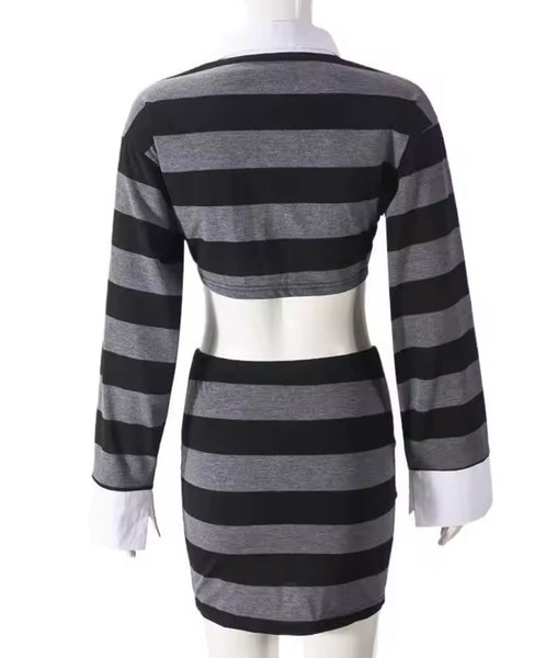 Women Sexy Collar Striped Full Sleeve Two Piece Skirt Set