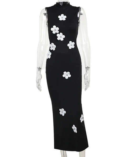 Women Sexy Sleeveless B&W Floral Maxi Dress