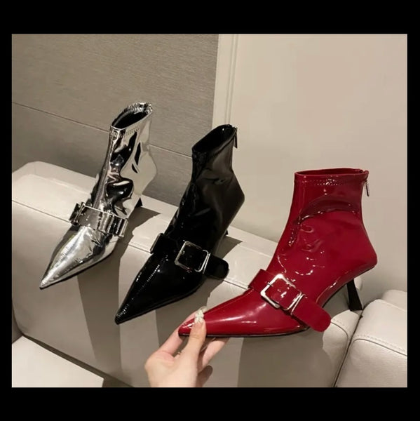 Women Fashion Pointed Toe Buckled Patent Leather Ankle Boots