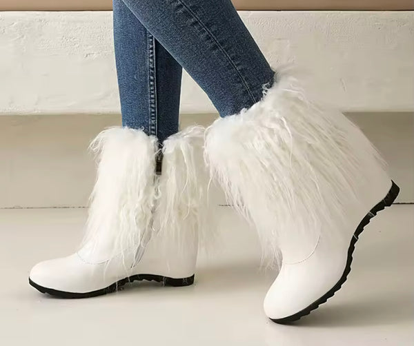Women Color Fashion Furry Platform Zip Up Ankle Boots