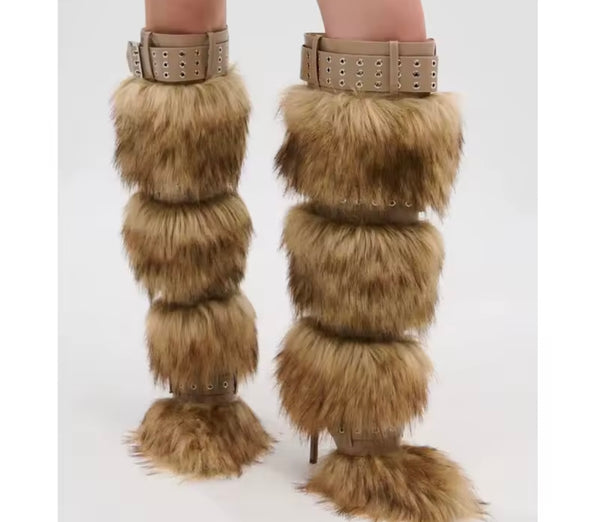 Women Buckled Fashion Faux Fur High Heel Boots