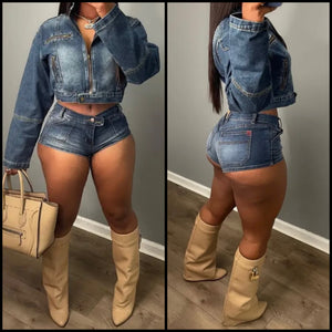 Women Fashion Zip Up Two Piece Denim Jacket Short Set