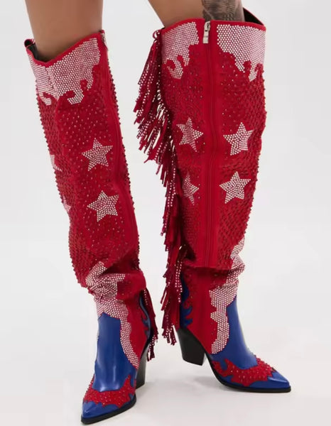Women Color Patchwork Bling Fringe Star Knee High Western Boots