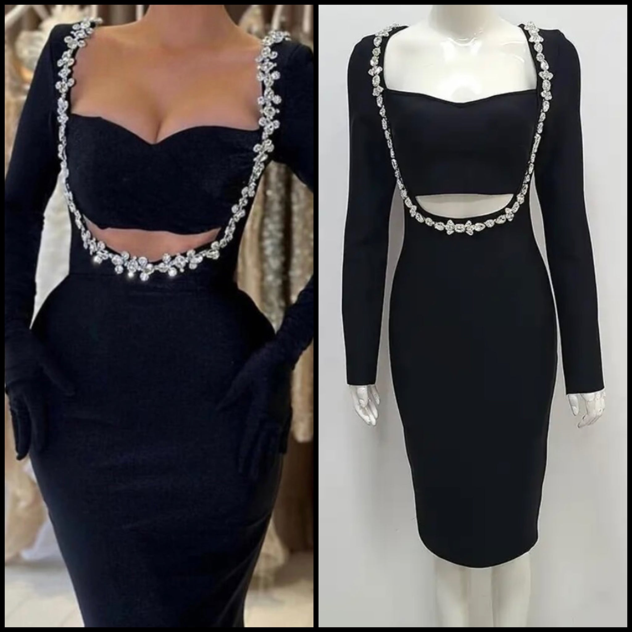 Women Black Sexy Rhinestone Full Sleeve Dress