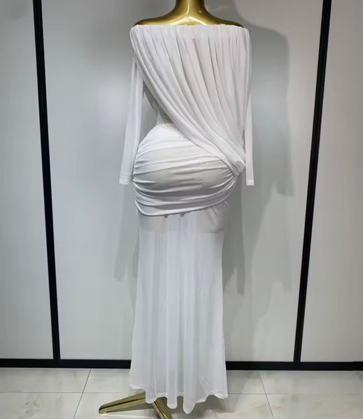Women Off The Shoulder Ruched Full Sleeve Sexy Maxi Dress