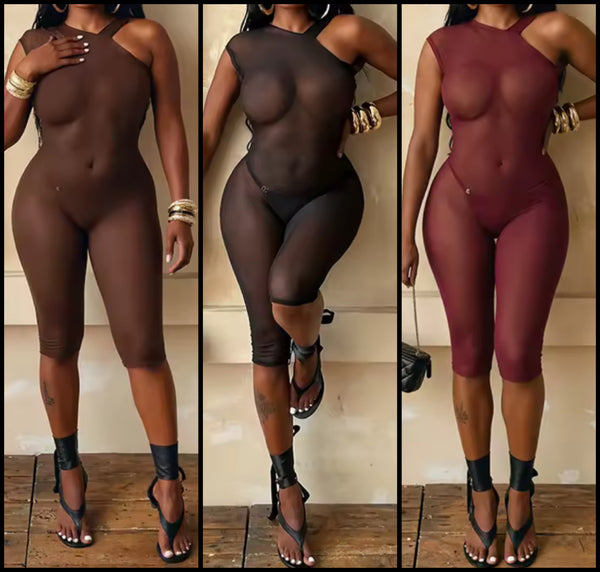 Women Sexy See Through Mesh One Shoulder Sleeveless Romper