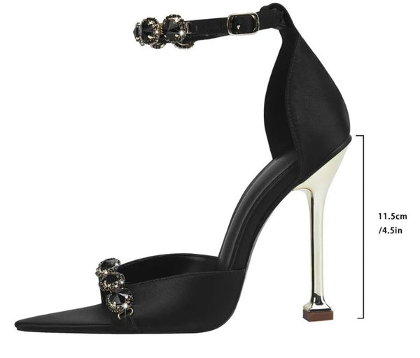 Women Black Bling Open Toe Ankle Strap High Heels