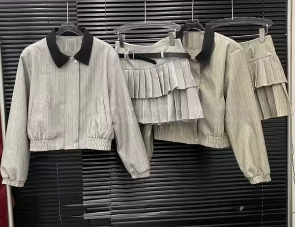Women Fashion Jacket Two Piece Ruffle Pleated Skirt Set
