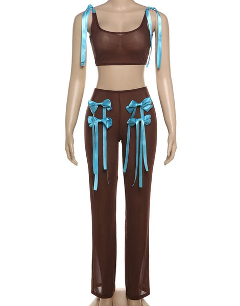 Women Brown Blue Bow Mesh Sexy Sleeveless Two Piece Pant Set