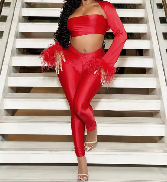 Women Sexy Red Feather Full Sleeve Three Piece Pant Set