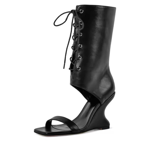 Women Fashion Open Toe Platform Wedge Tie Up Ankle Boots