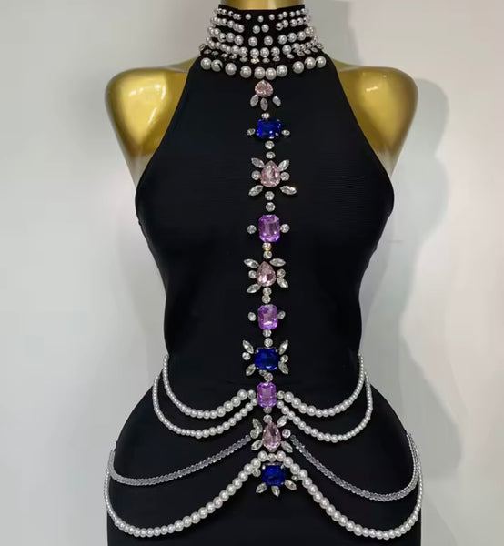 Women Sleeveless Rhinestone Pearl Black Sexy Maxi Dress