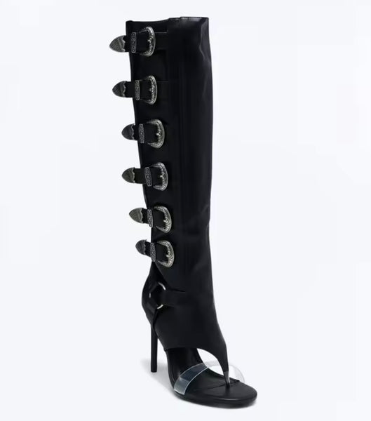 Women Fashion Open Toe Buckled Zip Up Knee High Boots