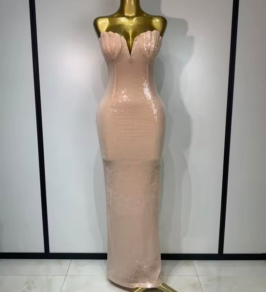 Women Sexy Pink Strapless Sequins Maxi Dress
