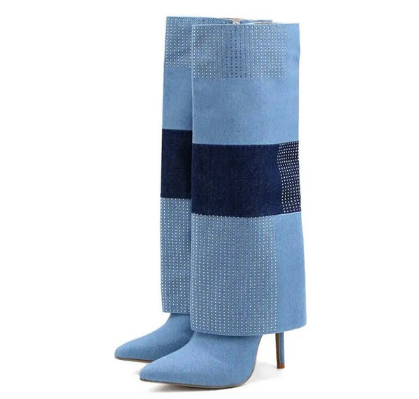 Women Fashion Bling Denim Color Patchwork Knee High Boots