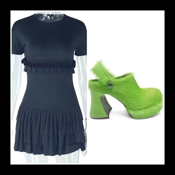 Women Sexy Ruffled Short Sleeve Solid Color Dress