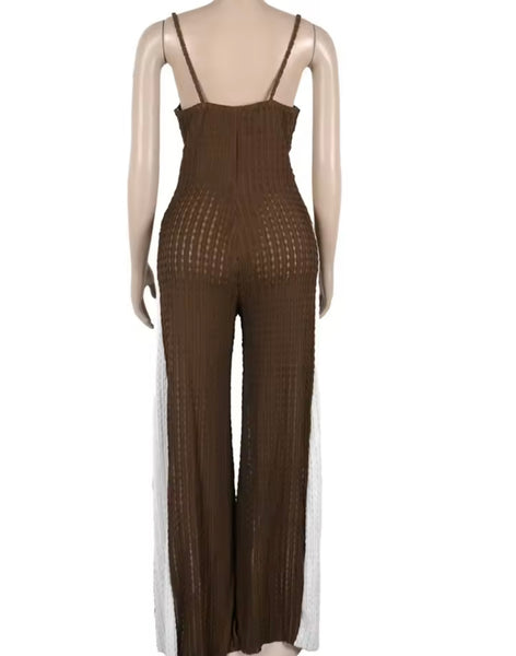 Women Fashion Sleeveless Color Patchwork Wide Leg Jumpsuit