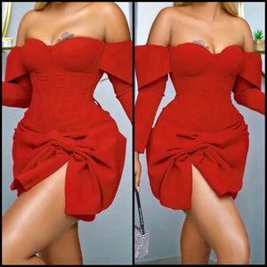 Women Sexy Red Off The Shoulder Full Sleeve Bow Dress