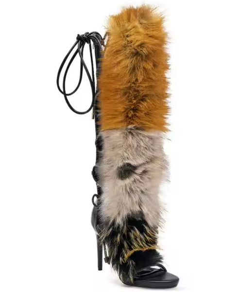 Women Fashion Multicolored Faux Fur Knee High Heels