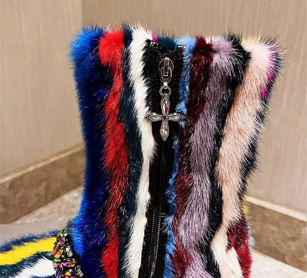 Women Fashion Multicolored Bling Faux Fur Boots