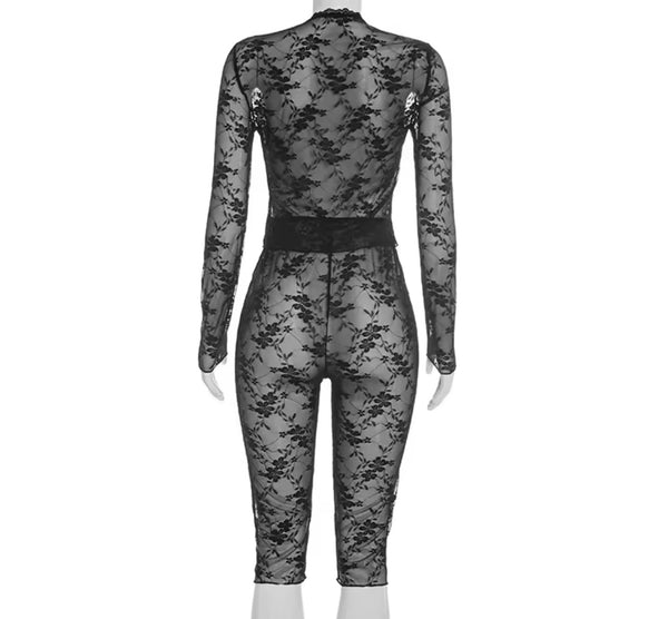 Women Sexy Black Lace Full Sleeve Two Piece Capri Pant Set