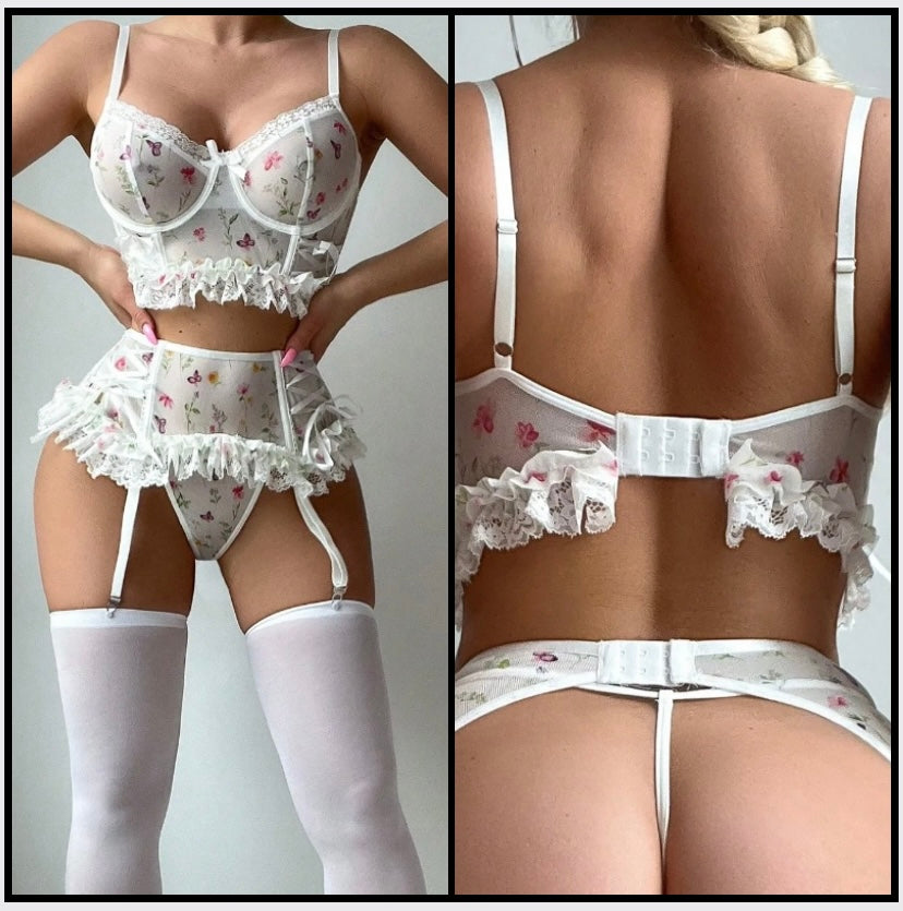 Women White Floral Ruffled Mesh Sexy Lingerie Set