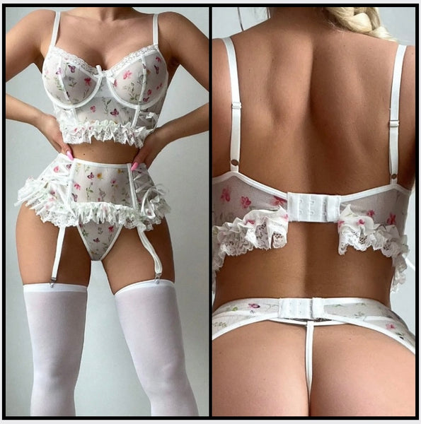 Women White Floral Ruffled Mesh Sexy Lingerie Set
