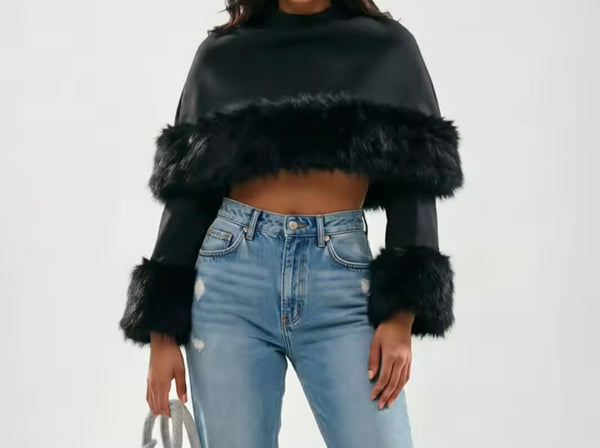Women Fashion Fur Patchwork Full Sleeve Crop Top