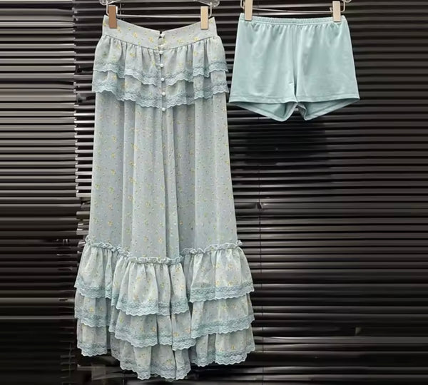 Women Ruffled Floral Full Sleeve Three Piece Maxi Skirt Set